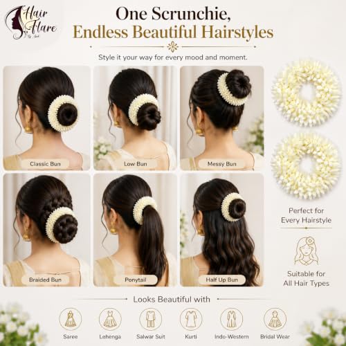 Image of Hair Flare Pack of 6 Scented Mogra Gajra Hair Accessories For Women & Girls - Hair Flower Bun Artificial Fake Gajra Scrunchies Rubber Band - Premium & Voluminous 2709