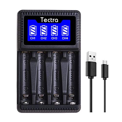 Tectra Rapid LCD USB AA & AAA Battery Charger 4-Bay Smart Individual Battery Charger for AA/AAA Ni-MH Ni-CD Rechargeable Batteries