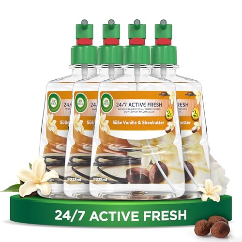 Air Wick Active Fresh – Aeorosolfreier, automatischer Lufterfrischer – Raumduft Süße Vanille & Sheabutter – 4 x 228 ml Nachfüller