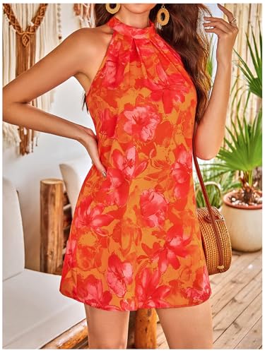 Image of Floerns Women's Sleeveless Floral Print Sundress Halter Neck A Line Short Dress