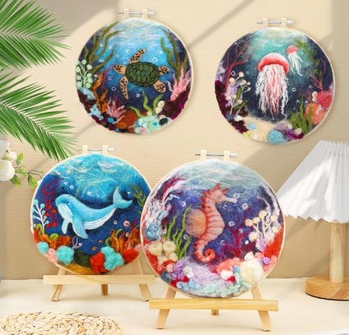 Image of Fedmut Needle Felting Kit, Wool Felting Kit for Beginners Adult with Wool, Needles, Foam Pad, Felt Cloth and Instructions - 4 Set Sea Animals Painting Frame for Great Gift Decoration