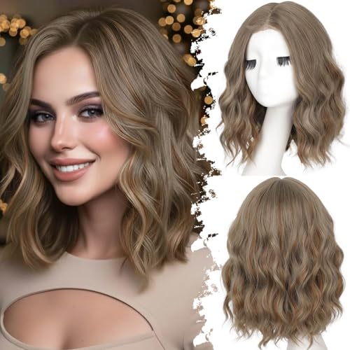 Image of Eawwii Wigs for Women Smokey Bronde,Short Wavy Synthetic Lace Wig | Glueless 4x1 Lace Hairline, Heat-Resistant Fiber,Bob Wave Style,Natural Appearance for Everyday Cosplay 14 Inch