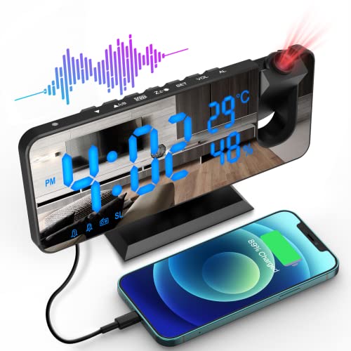 Projection Digital Alarm Clock for Bedroom, Beedove FM Radio Alarm Clock, Dual Alarm Clock with 3 Dimmer, Snooze, Timer, 180&deg; Rotatable Ceiling Projection Alarm Clock for Home Decor, Desk, Office