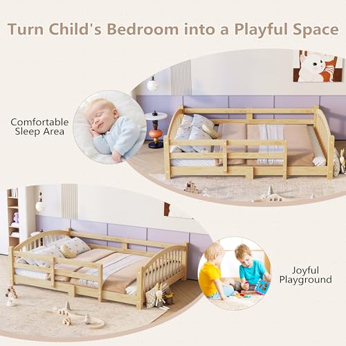 Image of Bellemave Twin Size Kids Montessori Floor Bed,Twin Size Floor Bed Frame with Slats and Safety Guardrail,Solid Wood Montessori Bed for Girls Boys,Natural
