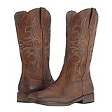 SheSole Cowgirl Boots for Women Square Toe Mid Calf Embroidered Fashion Western Cowboy Boots Distressed Brown US Size 7