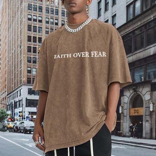Image of Christian Faith Over Fear Shirt for Men Jesus Religious Shirts Oversized Graphic Tees Acid Wash God T-Shirt