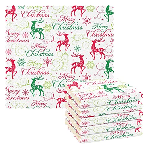 6 Pack Dish Towels, Susiyo Merry Christmas Red Green Reindeer Dishcloths 11 Inch Kitchen Cleaning Cloth For Washing Dishes #TOP30