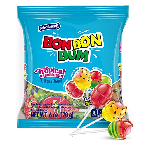 Colombina Bon Bon Bum Lollipops W/Bubble Gum - Tropical Splash Assorted Candy Pack - Strawberry, Passion Fruit, Watermelon And Lulo Fruit Flavors, Individually Wrapped Suckers, 6 Oz Bag, (10 Count) #TOP23