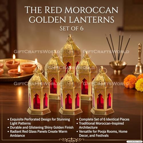 Image of Moroccan Lanterns & Candle Holders for Home Decor - Unique Diwali & Christmas Gifts (Red, Set of 6)