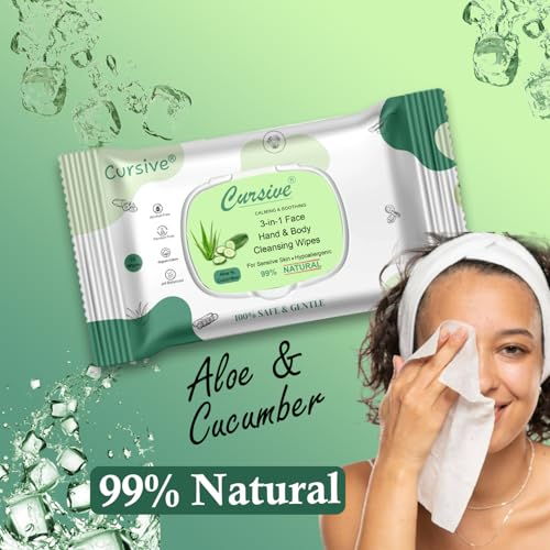 Image of Cursive Face, Hand & Body Daily Cleansing Makeup Remover Wipes|Wet Wipes for Women & Men | Paraben & Alcohol Free Cucumber Aloe Vera - Calming & Soothing, 99% Natural, Hypoallergenic,Gentle for Sensitive Skin 25 Wipes Per Pieces (Pack Of 2)