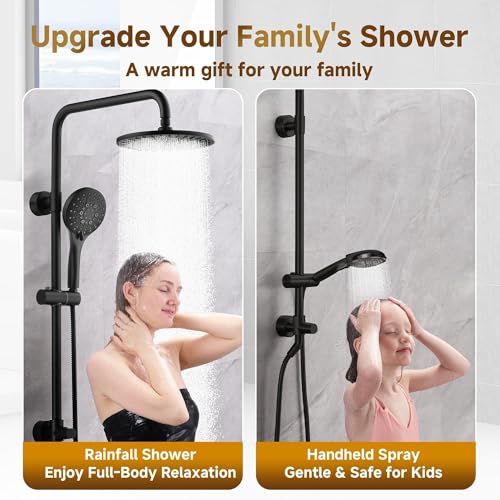 Image of BRIGHT SHOWERS Rain Shower System Combo - 9 Inch Rainfall & Handheld Shower Heads with Power Wash, Solid Brass Rail, Height Adjustable Holder, 60 Inch Long Stainless Steel Hose, Matte Black