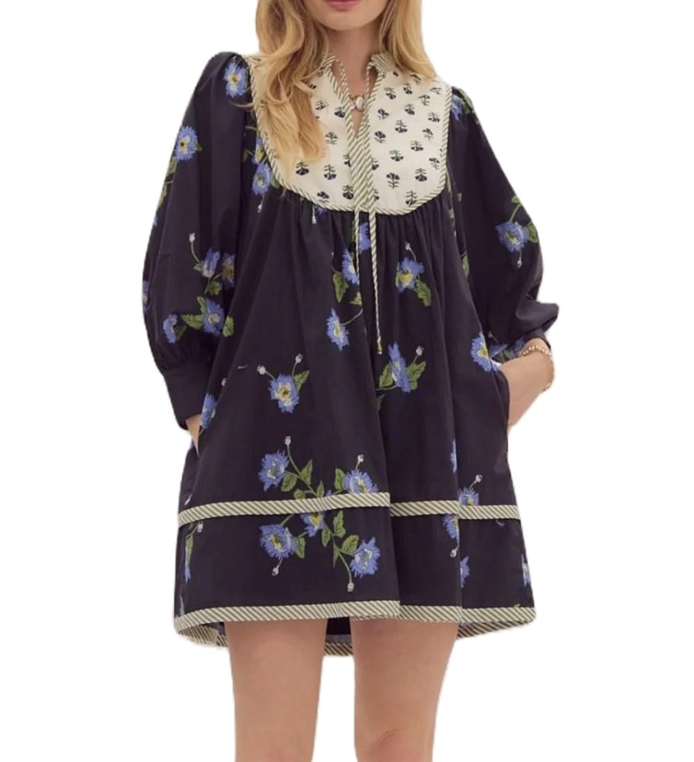 Women Boho Floral Short Dress Puff Sleeve Flowy Babydoll Dress V Neck Smocked Shirt Dresses Bohemian Mini Sundress