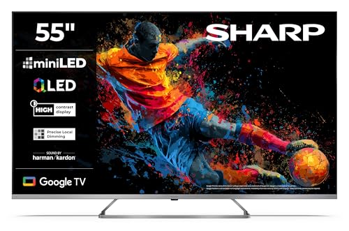 Sharp QLED Fernseher 55 Zoll Google TV - 4K UHD Smart TV mit Mini LED, Dolby Vision HDR, Dolby Atmos, Sound by Harman Kardon, Google Assistant und Triple-Tuner, QLED TV 55JP7765E (2026)