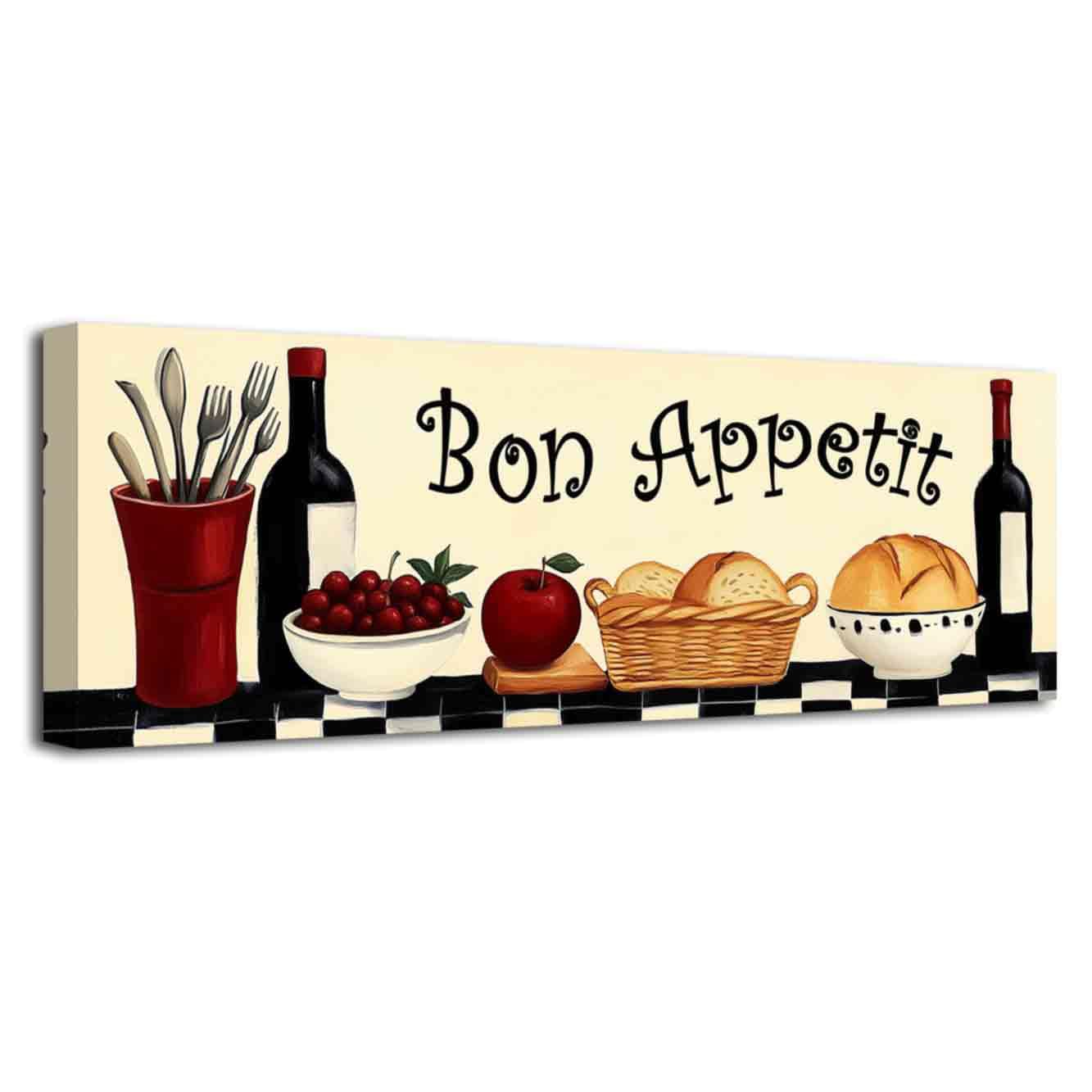 LZIMU Kitchen Wall Art Red Wine Glass Picture Bread Painting Vintage Food Canvas Prints Fruit Knife Fork Spoon Poster Still Life Artwork for Dining Room Restaurant Decor (Beige, (16L x 48W))