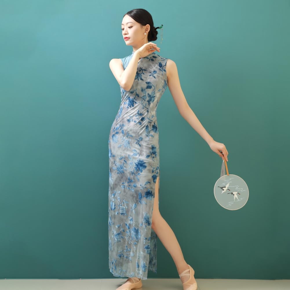 ROYAL SMEELA Cheongsam Velours pour Femme Qipao Imprimé Sexy Robe Qipao sans Manches Col Mandarin Robe Cheongsam Qipao Traditionnelle Chinoise Qipao Longue Adulte Robes Cheongsam Fente Bleu