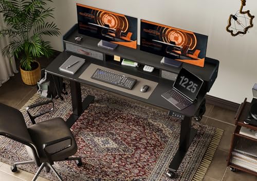 Image of Claiks Standing Desk with Drawers & Wheels, 2 Height Shelf 63 inch Black