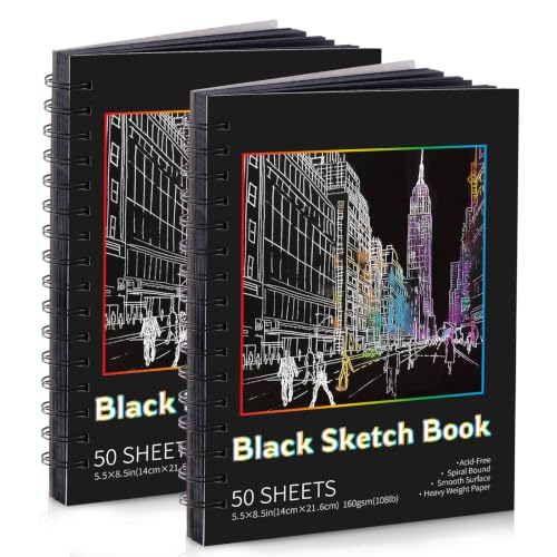 Lot de 2 carnets de croquis papier noir A5 à spirale pour artistes et dessin