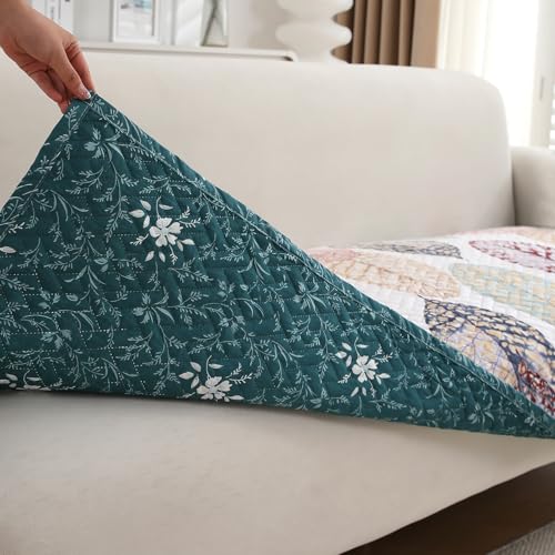 Image of HOKIPO 'HomeHues Series' Printed Quilted Sofa Seat Mat for 1 Seater Sofa with 2 Armrest Covers with Pockets, Multicolor Linden Leaf (IN-806-D7 + IN-814-D7*2)