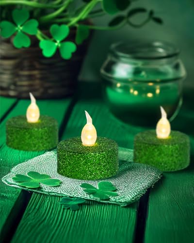 Image of Green Tea Lights with Timer, Glitter Sparkly Tealights, 12 Pack | for St. Patrick's Day, Holiday, Event, Halloween Decorations, Built-in 6 Hours Timing