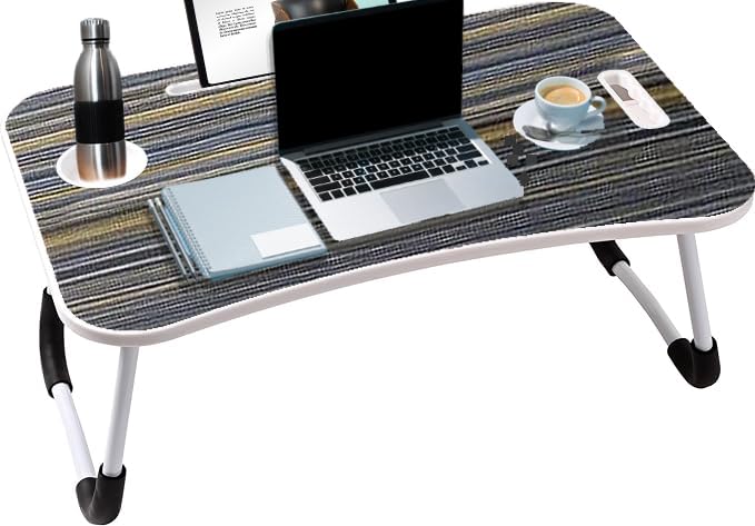 KKTECH Folding Laptop Bed Table Lap Standing Desk Sofa Breakfast Table Bed Tray Laptop Lap Desk with Cup Holder Notebook Stand Steel Legs 60x40x28cm (Grey)