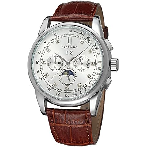Forsining Men's Self-Winding Analog Movement Moon Phase Unique Design Watch with Leather Strap Cover