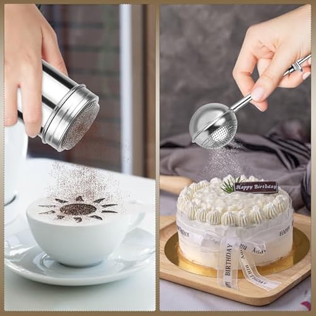2 Pack Powdered Sugar Shaker Duster, Stainless Steel Cinnamon Sugar Shaker & Flour Duster Set, Spring Flour Sifter with 16Pcs Coffee Stencils for Baking, Coffee