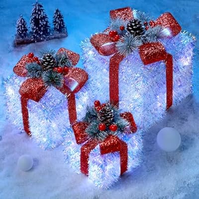 Hatisan 3 Pcs 60 LED Lighted Gift Boxes Christmas Decorations, Light Up Present Boxes with Bowknot for Home Decorations Indoor Outdoor Yard Xmas Tree Party Lawn Porch (Style B)