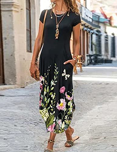 Image of Women Summer Casual Maxi Dress Floral Printed Loose Pockets Short Sleeve Split Boho Dresses