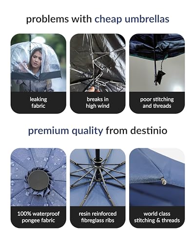 Image of Destinio Umbrella for Man - Large Size, Fully Automatic, Windproof Fibreglass Ribs, UPF 50+ Sun Protection, Premium 210T Pongee, Foldable Travel Umbrella for Rain for Men and Women - 3 fold Compact Easy to Carry (Auto open auto close)