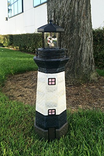 Solar Lighthouse Garden Stake Light with Revolving Beacon, 31" tall, Black & Ivory