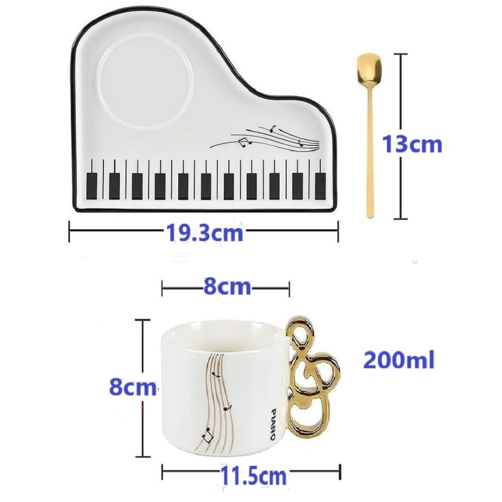 Kreative Klavier Kaffeetasse mit Unterteller und Löffel,200ml Keramik Cappuccinotasse Süß Musiknoten Espressotasse Mochatasse Geschenk für Mutter freundin Geburtstag Valentinstag (Weiß)