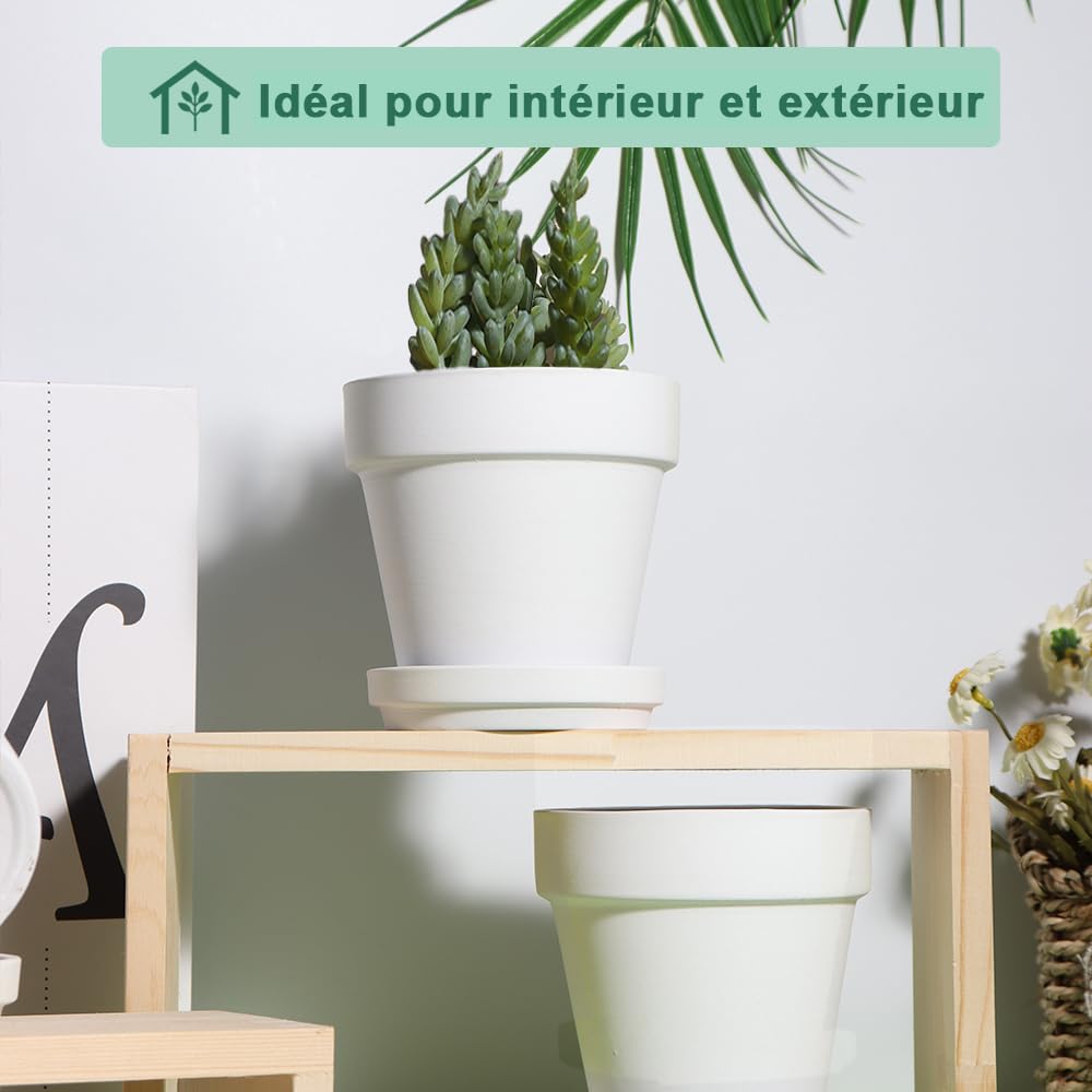 vensovo Lot de 6 Petits Pots de Fleurs en Terre Cuite avec Soucoupe pour Plantes d'intérieur et d'extérieur Blanc 10,16 cm
