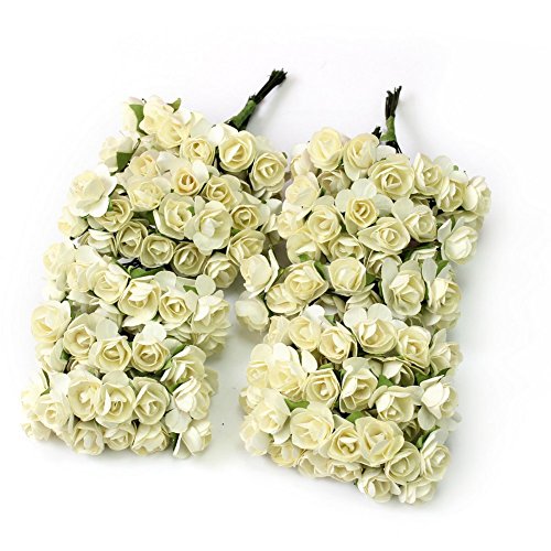 Kanggest 144pc Hermosa Mini Papel Artificial Flores de Rosa para la Decoración de la Tarjeta de Boda Decoración del Hogar Artesanía DIY - Marfil