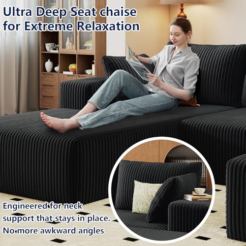 Image of 96 inch Modular Sectional Sofa with Ottoman, Modern Corduroy Cloud Couch with Deep Seat, Boneless Couch Upholstered 3-Seater U-Shaped Sofa for Living Room, No Assembly (Black, Left-Facing Chaise)