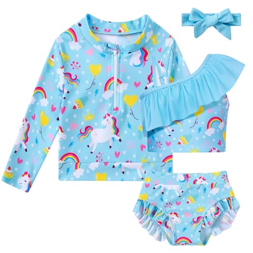 Image of Funnycokid Baby Toddler Girls Swimsuit 4 Piece Bathing Suit Long Sleeve Rash Guard Sets 12 Months-7 Years