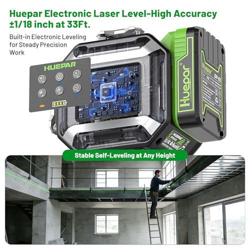 Image of Huepar 2026 New Electronic Self Leveling Laser Level, 4x360 Green Cross Line Laser Tool, ±1 /18 inch Accuracy, ±7% Slope Adjustment, Leveler Laser for Tile, Framing, Alignment, Layout, Construction & DIY