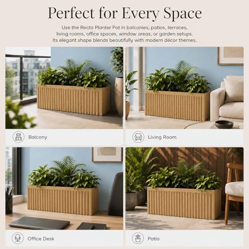 Image of Go Hooked Rectangular Planter Pot (24x12) Inch | Sandstone Ribbed Design Plastic Flower Pot for Indoor Outdoor Balcony Garden Window Railing Patio | Polymer Decorative Plant Container