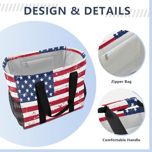 Nander Retro American Flag Reusable Grocery Bags,Large Grocery Tote Bag Water Resistant Shopping Bags Foldable Grocery Bag for Clothes,Shoes and Picnic3
