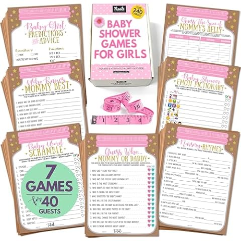 Neatz Baby Shower Games for Girl - Huge Set, 7 Games - Hilarious Baby Shower Games, Baby Prediction Cards, Mason Jar Baby Shower Decorations for Girl Cover