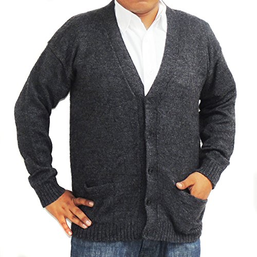 ALPACA CARDIGAN GOLF SWEATER JERSEY V neck buttons and Pockets made in PERU CHARCOAL GREY L