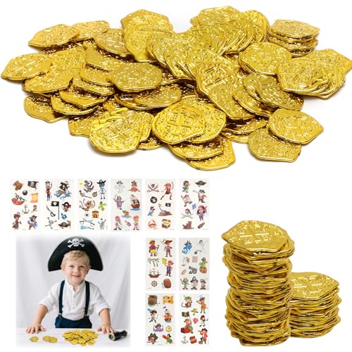 TMZELOA 100 Piezas Monedas de Oro de Plástico Monedas Piratas de Metal Monedas de Oro Pirata Juguetes Monedas Juguete para Niños Tesoro Pirata Dinero Falso para Búsqueda del Tesoro Fiestas Tertulias