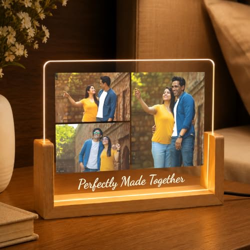 Image of Giftplease Personalized LED Acrylic Photo Frame with Custom Picture and Text, Couple Memory Night Lamp, Wooden Base Table Decor, Romantic Bedroom Display, Home Accent Art, Anniversary Decor, Wedding