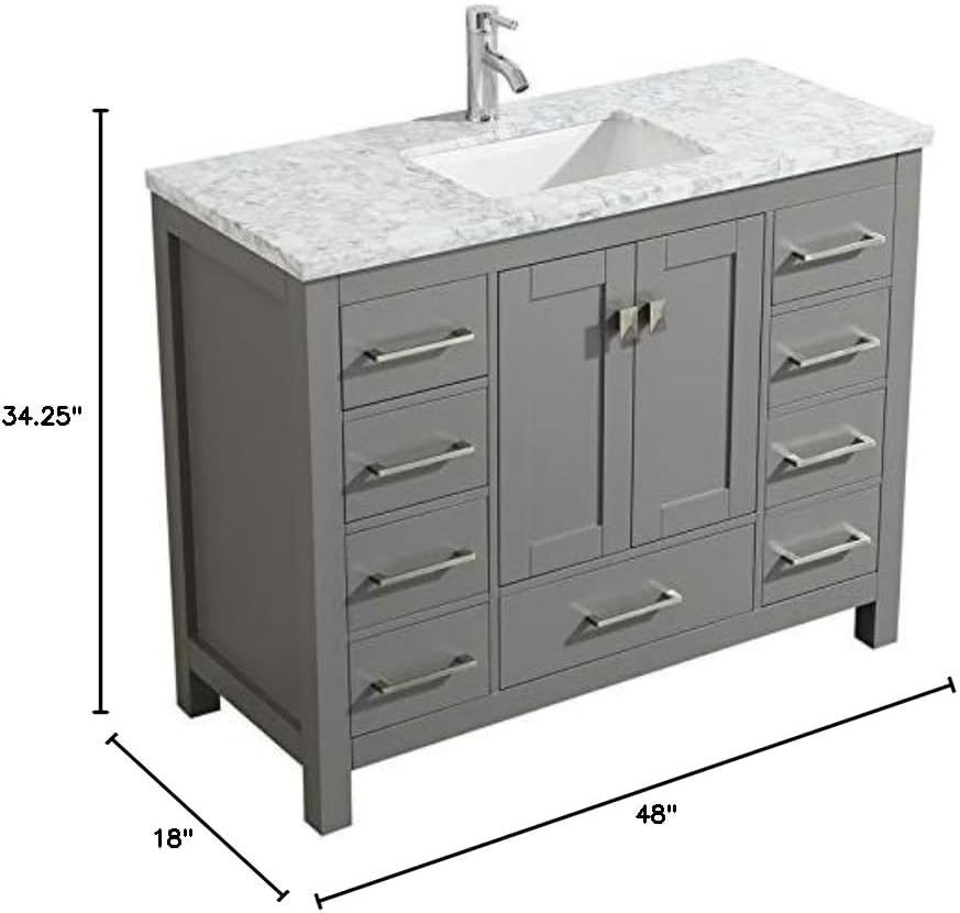 Eviva London Gray Bathroom Vanity with Sink - 48 Inch Wood Bath Vanity with Top and Cabinet - Vanity for Bathroom with Single Sink