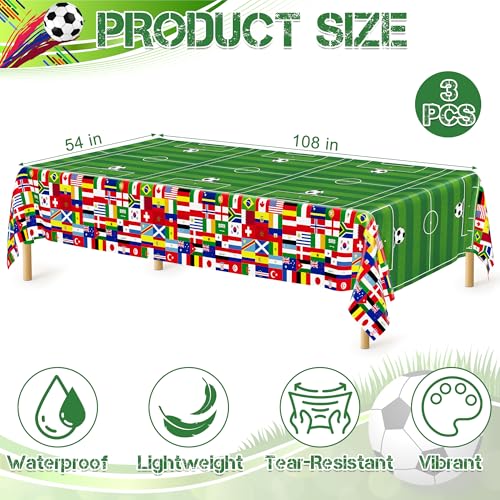 Image of 3 Pcs Soccer Tablecloths Plastic, Disposable Soccer Rectangle Table Cover 54 X 108 Inch, 2026 International World Flags Green Tableware Set Birthday Party Decorations for Sports Theme Party Supplies
