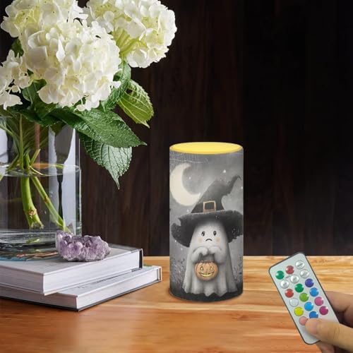 Image of Poceacles Wizard Hat Ghost Pumpkin Moon Gray Flameless Candle Battery Powered with Remote Control 12 Colors 4 /8 Hours Timer LED Night Lights Pillar Candle Tealights Halloween Decorations