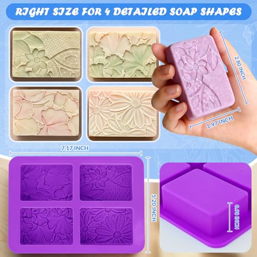 Image of HKNMTT 2Pcs Soap Molds Silicone 3D Rectangle Flower Pattern Silicone Mold | 4-Cavity Floral Molds for Handmade Soap Shower Steamer Bath Lotion Shampoo Chocolate Bars DIY Craft Non-Stick Food Grade