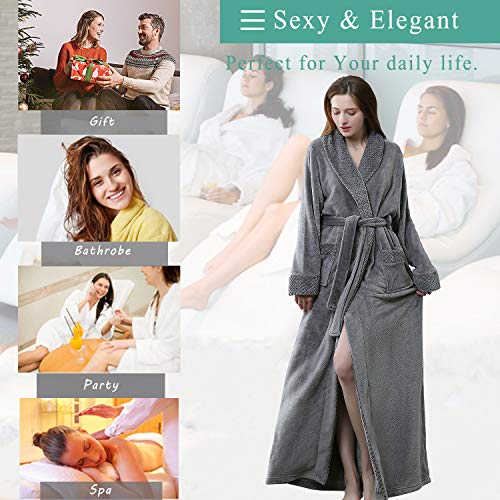 Artfasion Women's Long Flannel Bathrobe Ultra Soft Plush Microfiber Fleece Robes,Gray,Large/X-Large