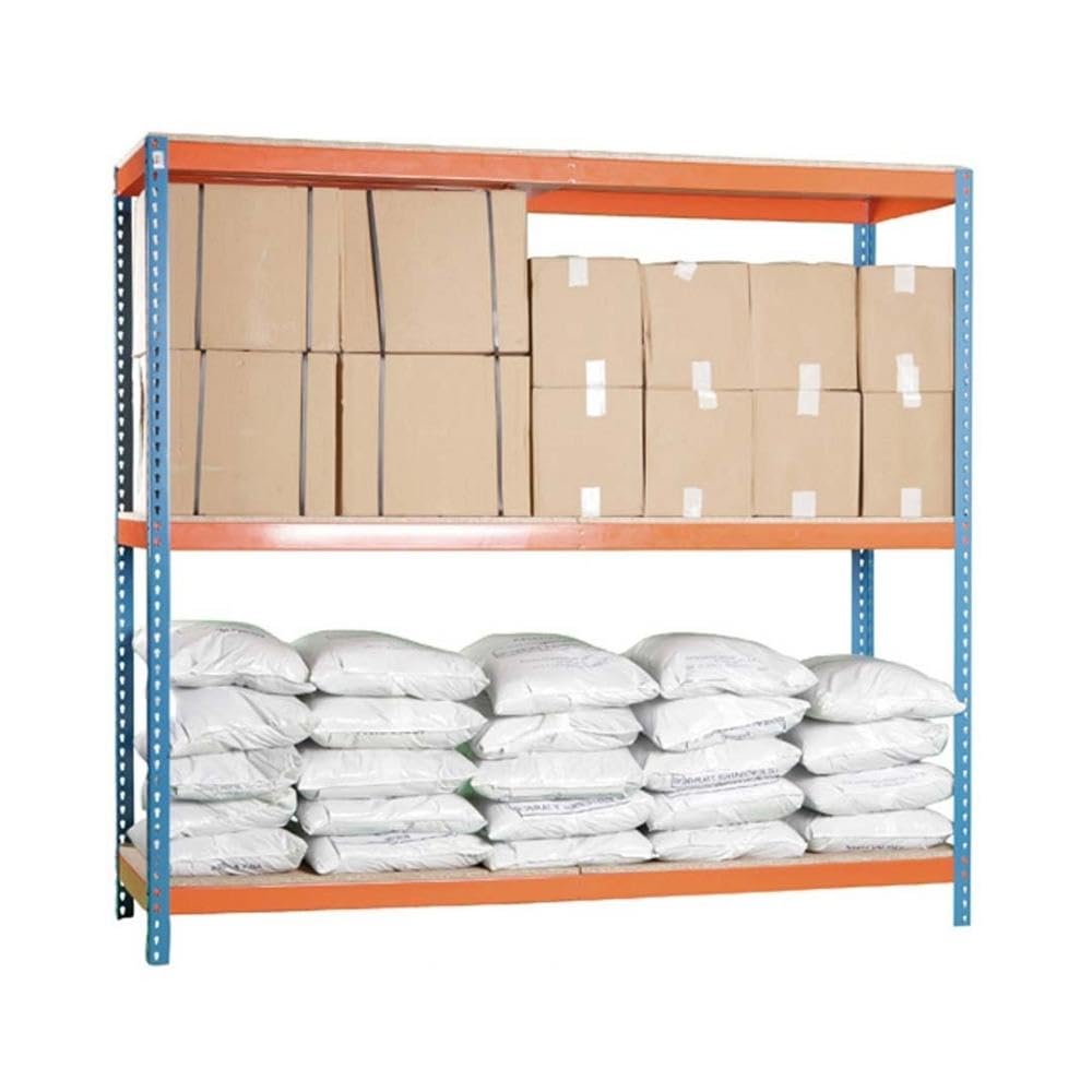 PROREGAL Schwerlastregal MID Wood YETI Three | HxBxT 150x150x75cm | Fachlast 400kg | Blau-Orange | Regal Standregal Werkstattregal Lagerregal Kellerregal