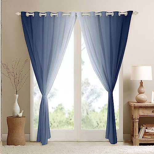 Homemissing Navy Blue and White Darkening Drapes Gradient Style Curtains for Bedroom Living Room For Kids Women Men Ombre 30%-50% Blackout Curtains Geometric Window Treatments W66*L90 - Image 4
