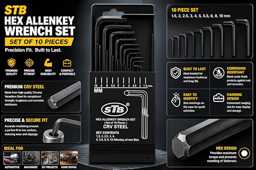 Image of Hex Allen Key Wrench Set of 10, CRV Steel, Heavy Series, Sizes 1.5 to 10 mm, Sliding Case (Heavy Series